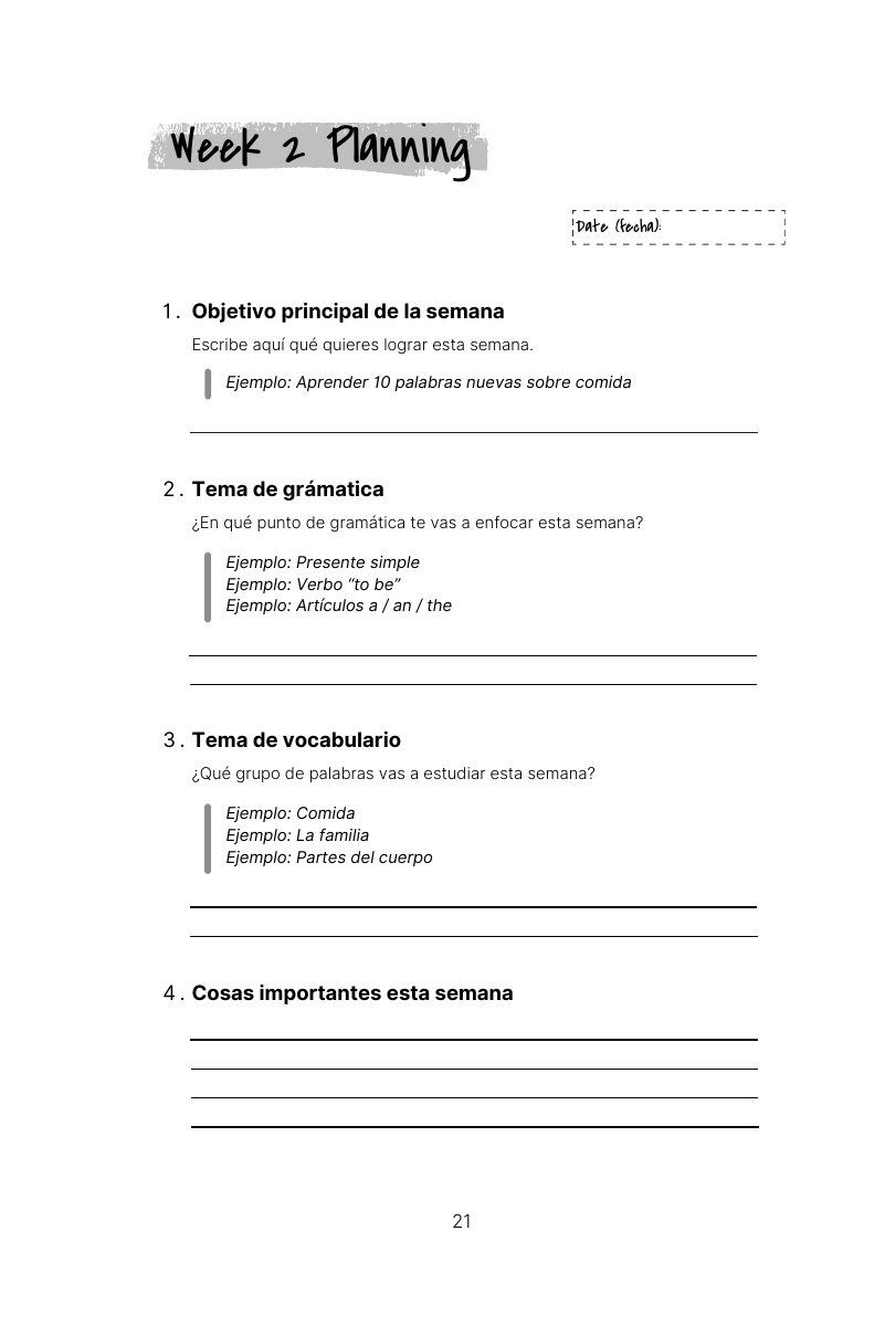 Página de planificación semanal con metas, gramática y vocabulario